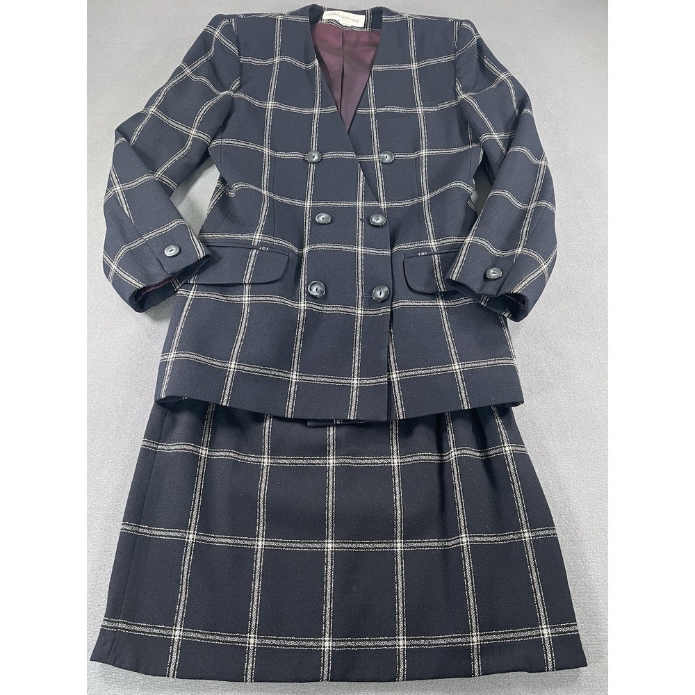 VTG USA 90s Jones New York Navy White Windowpane Wool Blazer Skirt Suit Set Sz 6